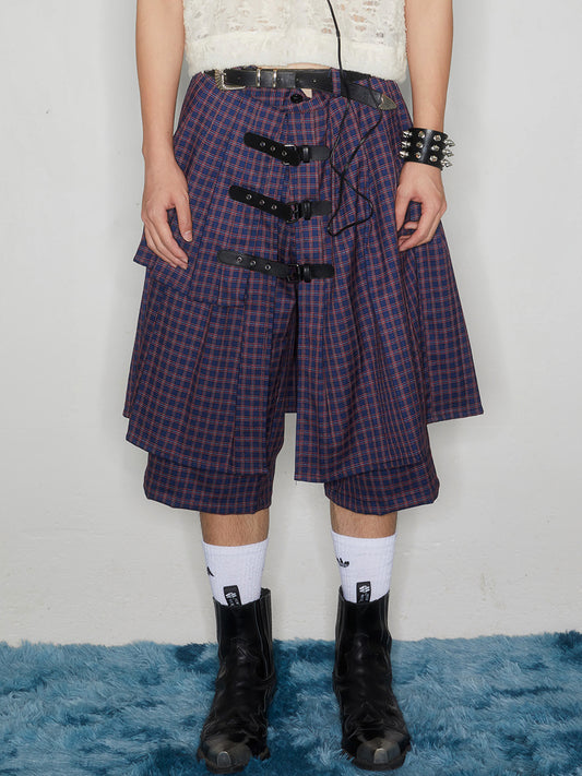 Checkered leather buckle skirt pants