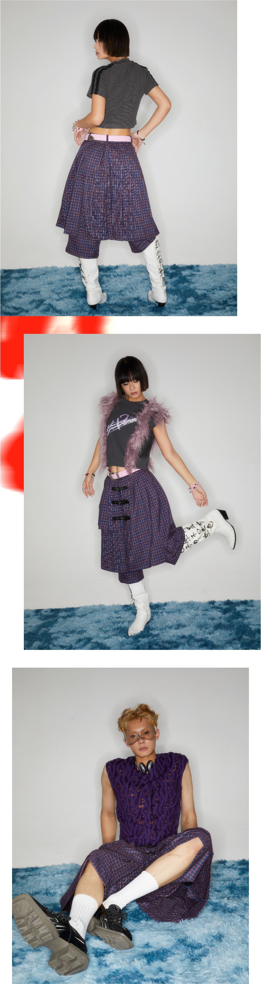 Checkered leather buckle skirt pants