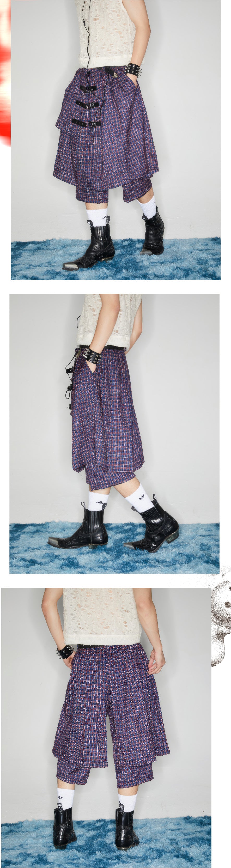 Checkered leather buckle skirt pants