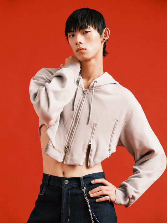 Multi zipper short hoodie